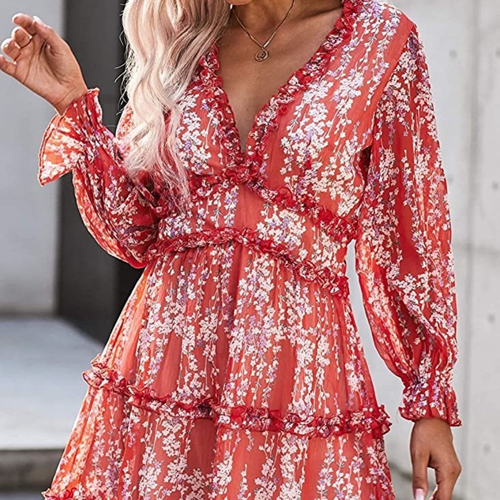Tiksawon Red Floral Long Sleeve Open Back Tiered Ruffle Mini Dress S NWOT